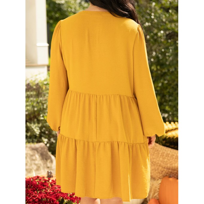 Pleated lace up lantern sleeve loose fitting dress