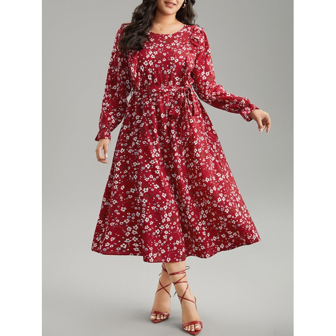 Red elegant advanced floral waist MIDI dress