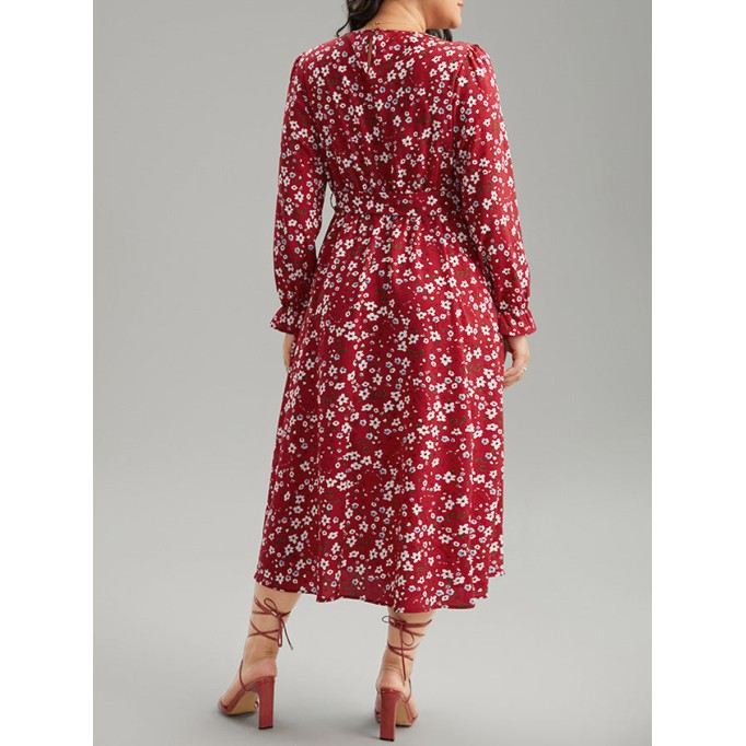 Red elegant advanced floral waist MIDI dress