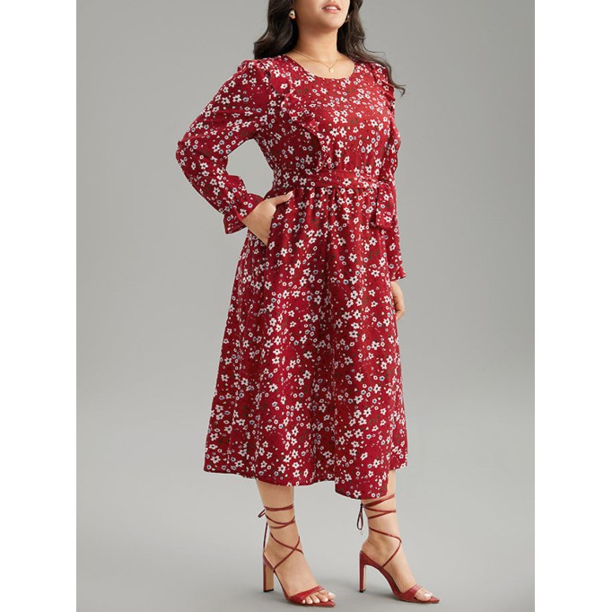 Red elegant advanced floral waist MIDI dress