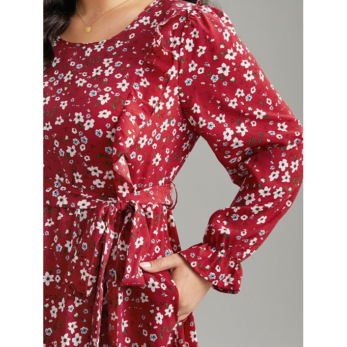 Red elegant advanced floral waist MIDI dress