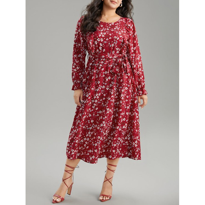 Red elegant advanced floral waist MIDI dress