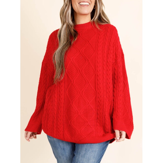 Red jacquard pattern loose knit sweater