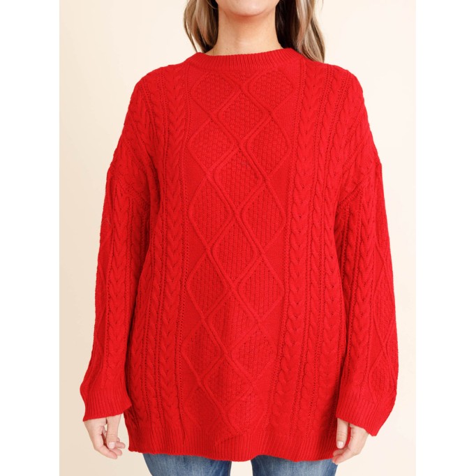Red jacquard pattern loose knit sweater