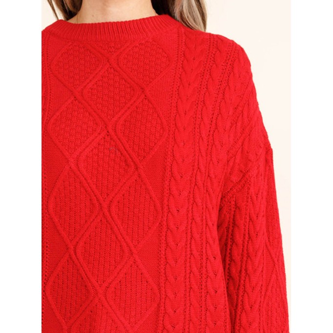 Red jacquard pattern loose knit sweater