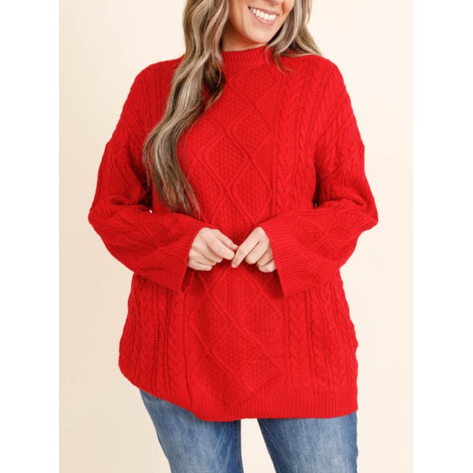 Red jacquard pattern loose knit sweater