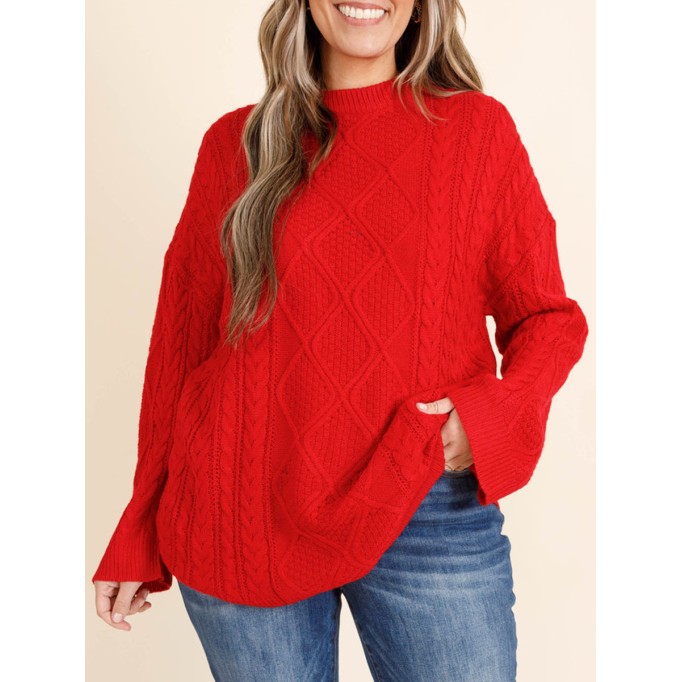 Red jacquard pattern loose knit sweater