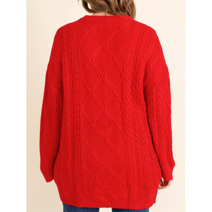 Red jacquard pattern loose knit sweater