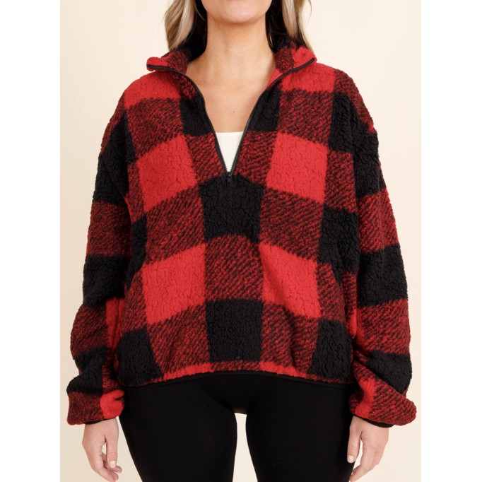 Red plaid zippered pocket hoodie
