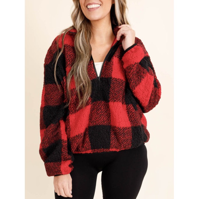 Red plaid zippered pocket hoodie