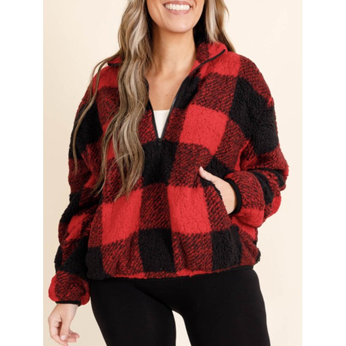 Red plaid zippered pocket hoodie