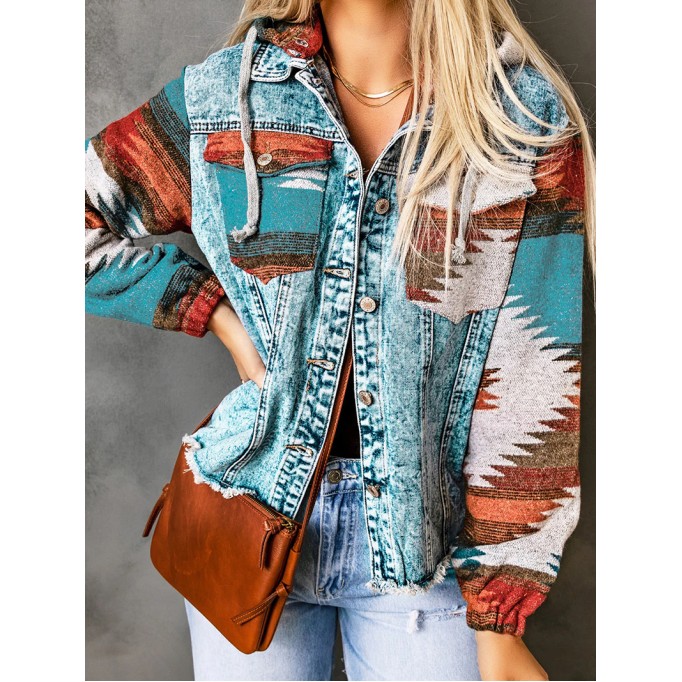 Retro print patchwork hooded denim jacket