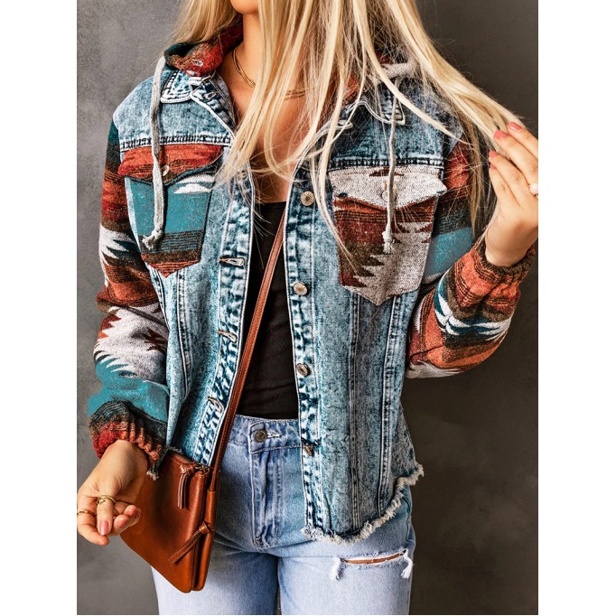 Retro print patchwork hooded denim jacket