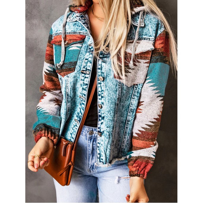 Retro print patchwork hooded denim jacket