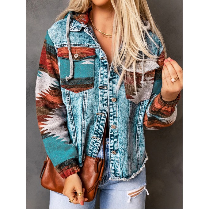 Retro print patchwork hooded denim jacket