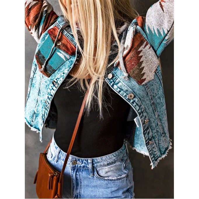 Retro print patchwork hooded denim jacket