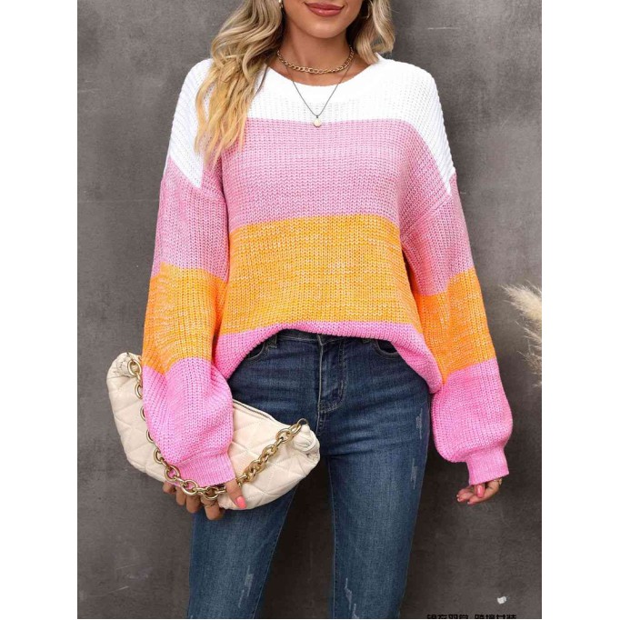 Ribbed Color Block Long Sleeve Sweater