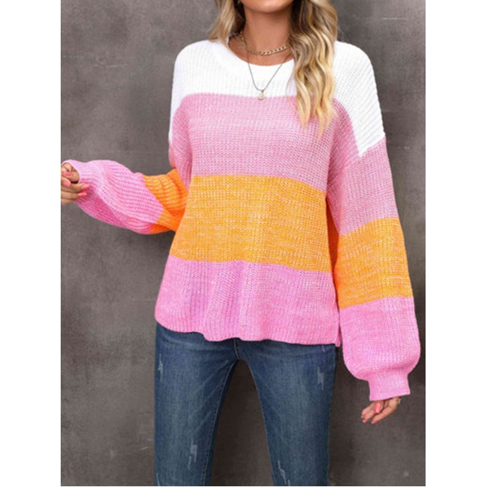 Ribbed Color Block Long Sleeve Sweater