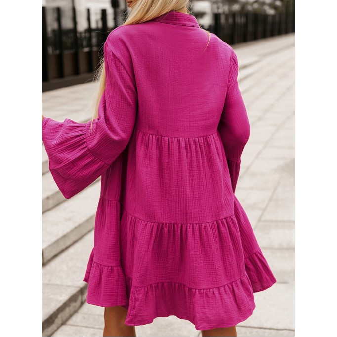 Rose Crinkled Tiered Split Neck Shirt Dress