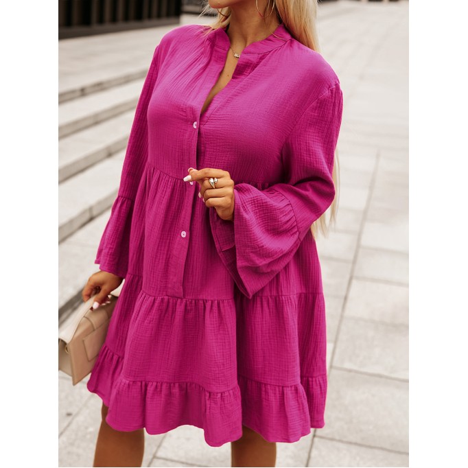 Rose Crinkled Tiered Split Neck Shirt Dress
