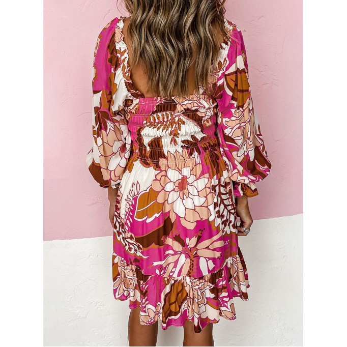 Rose Floral Print Smocked Square Neck Bubble Sleeve Dress