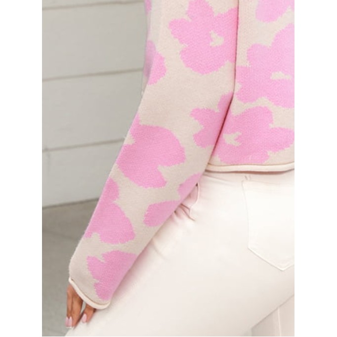 Round Neck Flower Pattern Dropped Shoulder Pullover Sweater