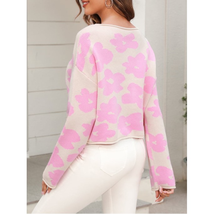 Round Neck Flower Pattern Dropped Shoulder Pullover Sweater