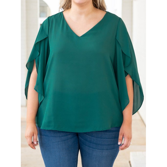 RUFFLE CROSS SLEEVE V-NECK Short Sleeve Shirt