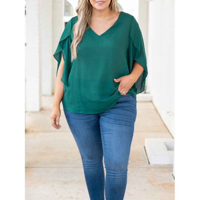 RUFFLE CROSS SLEEVE V-NECK Short Sleeve Shirt