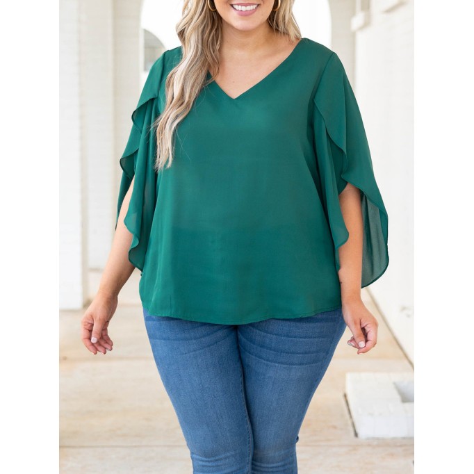 RUFFLE CROSS SLEEVE V-NECK Short Sleeve Shirt