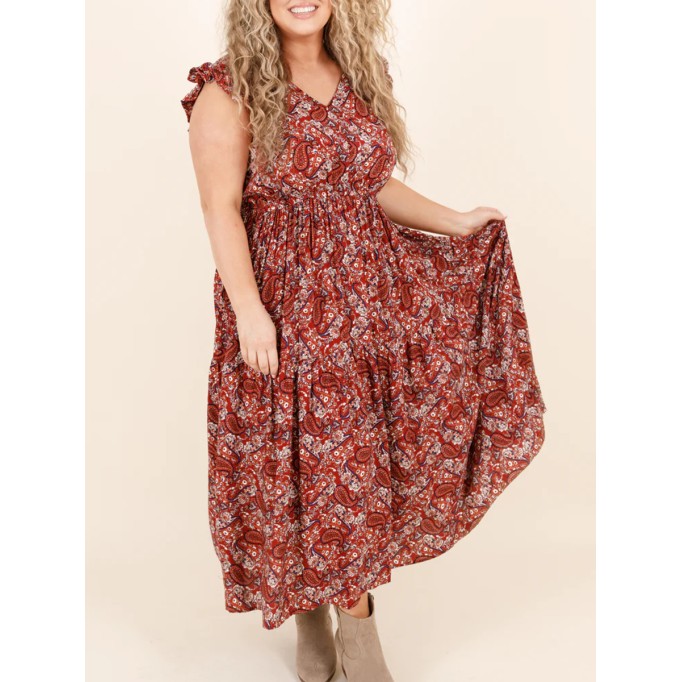 Ruffled Short Sleeve Cashew Nut Print Long Dress
