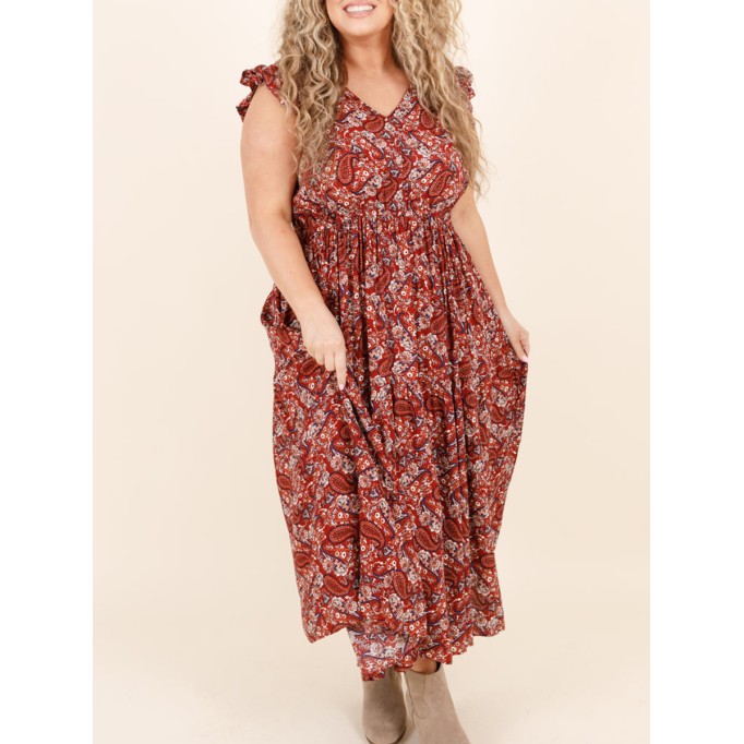 Ruffled Short Sleeve Cashew Nut Print Long Dress