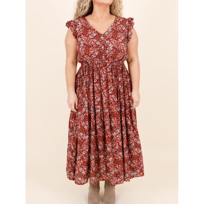 Ruffled Short Sleeve Cashew Nut Print Long Dress