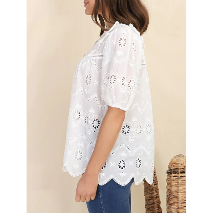 Short sleeve Bohemian embroidered cut-out blouse