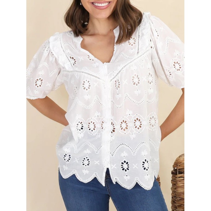 Short sleeve Bohemian embroidered cut-out blouse