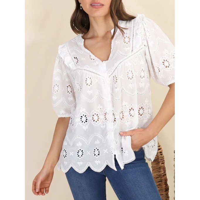 Short sleeve Bohemian embroidered cut-out blouse