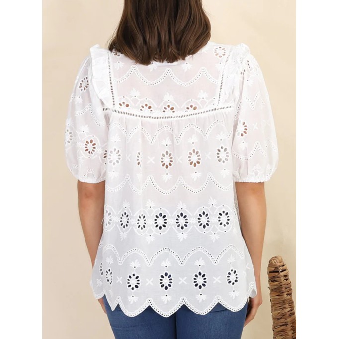 Short sleeve Bohemian embroidered cut-out blouse