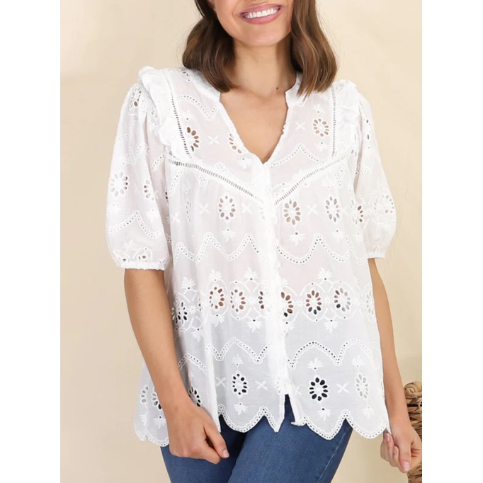Short sleeve Bohemian embroidered cut-out blouse