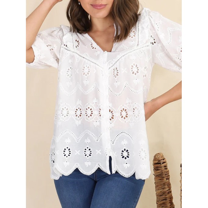 Short sleeve Bohemian embroidered cut-out blouse