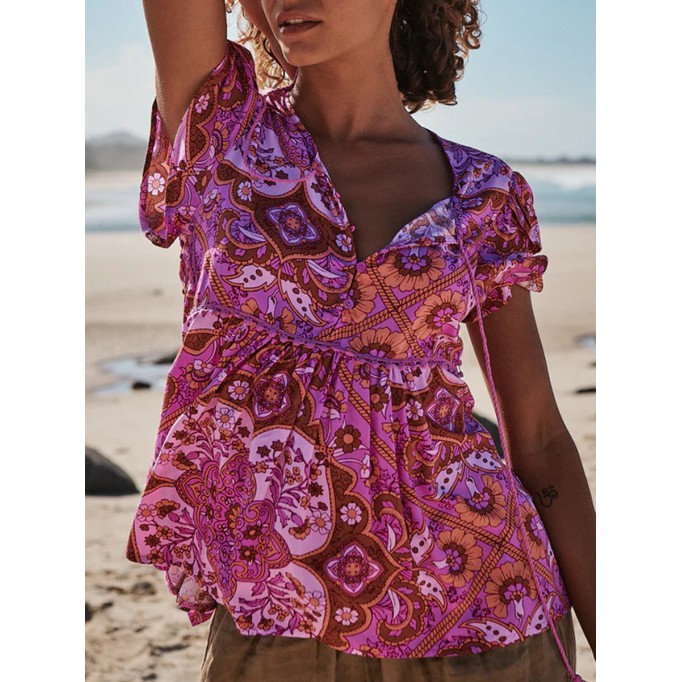 Short sleeved Bohemian floral shirt top