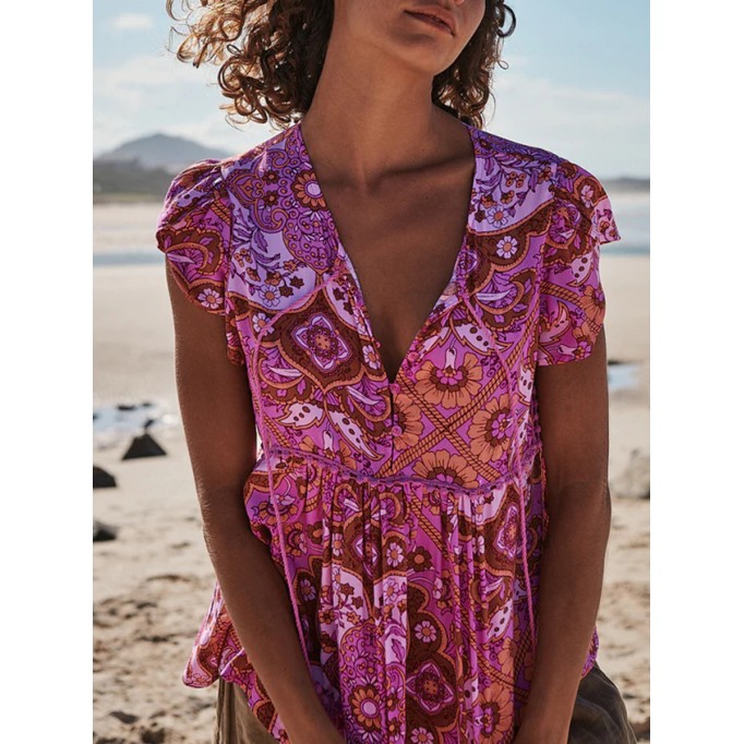 Short sleeved Bohemian floral shirt top