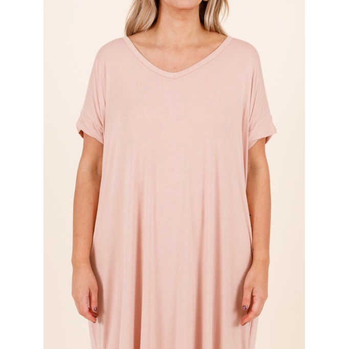 Short sleeved ultra long dress with curved split hem