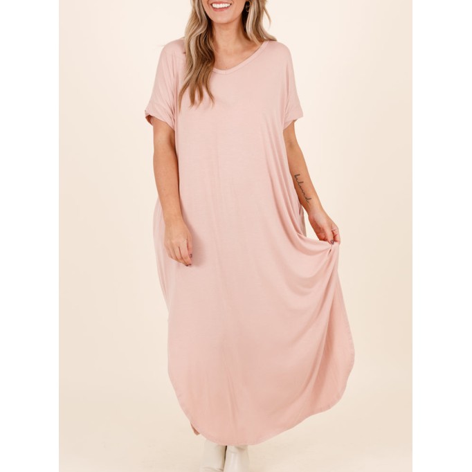 Short sleeved ultra long dress with curved split hem