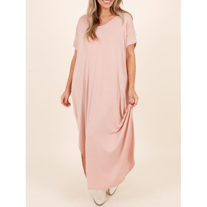 Short sleeved ultra long dress with curved split hem