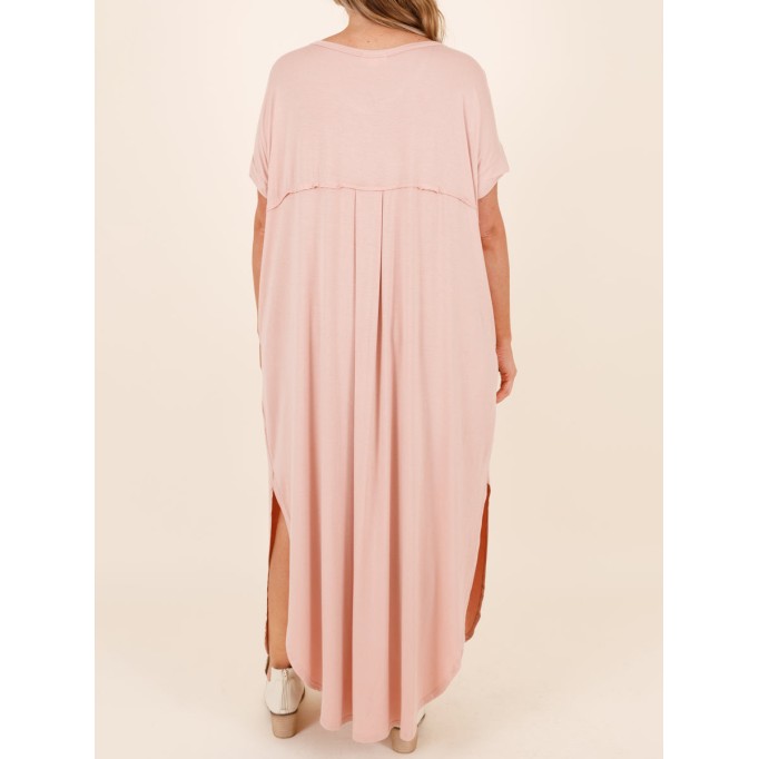 Short sleeved ultra long dress with curved split hem