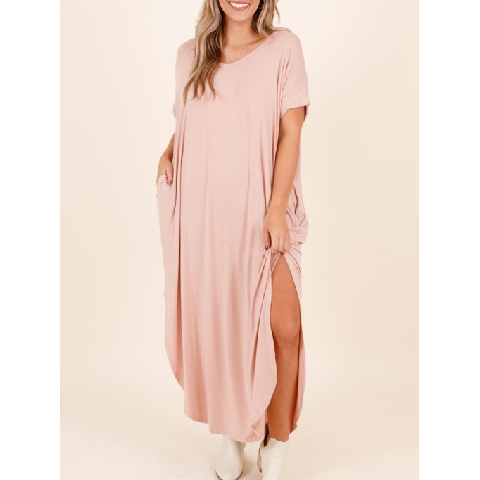 Short sleeved ultra long dress with curved split hem