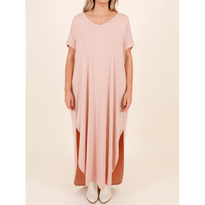 Short sleeved ultra long dress with curved split hem