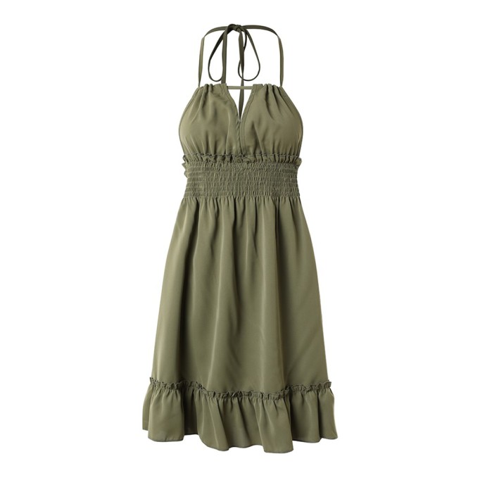 Solid color halter neck suspender dress