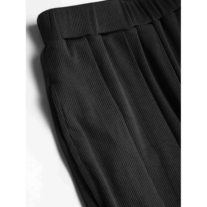 Solid Elastic Waist Wide Leg Pants