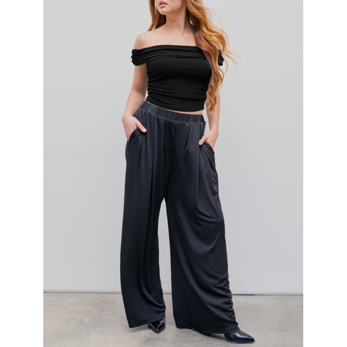 Solid Elastic Waist Wide Leg Pants